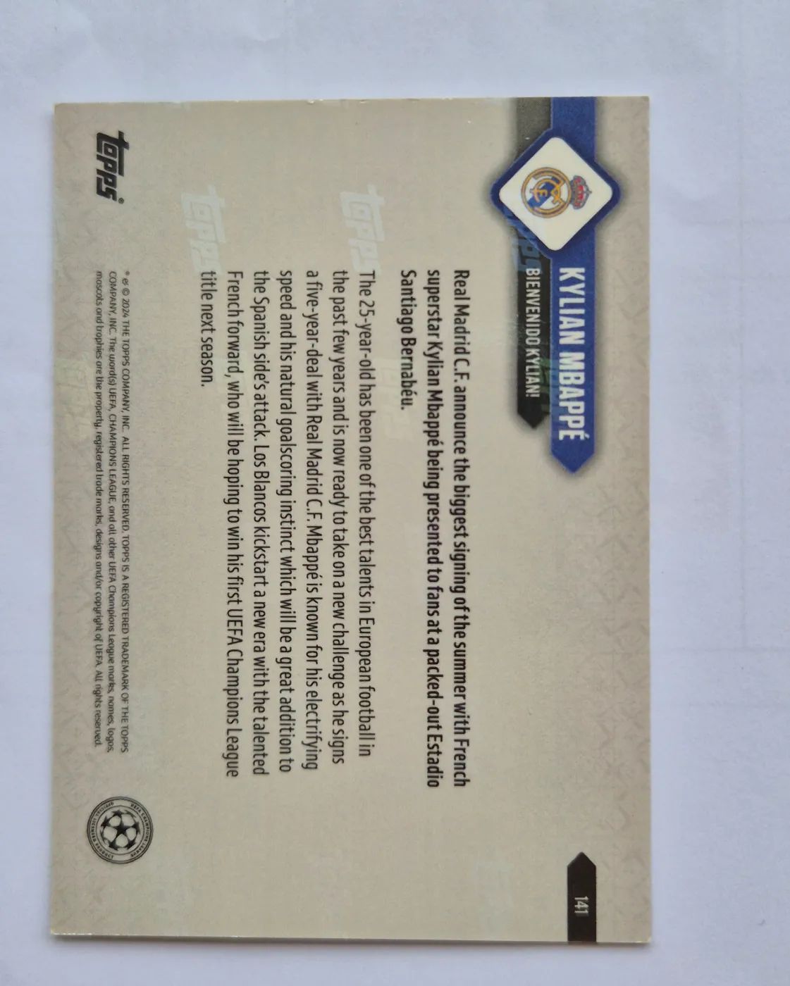 topps Topps NOW UEFA Champions League 2024 Nr. 141 Kylian Mbappé, Zustand Gut, Rückseite