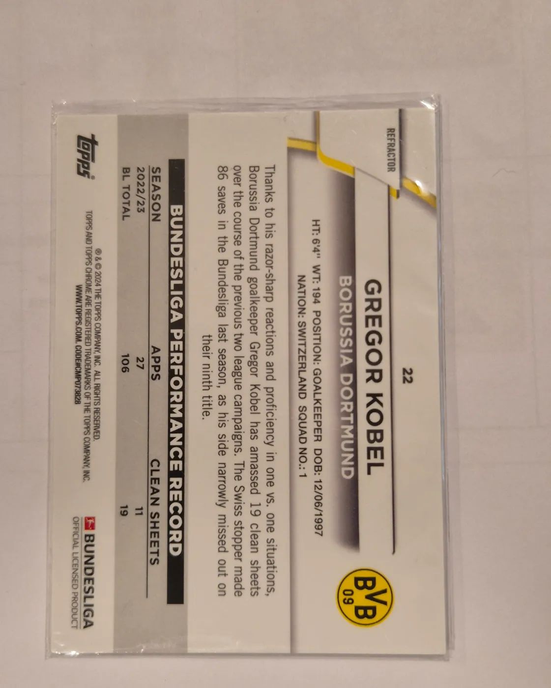 topps Chrome Bundesliga 2023-24 2024 Nr. 22 Gregor Kobel, Zustand Gut, Rückseite