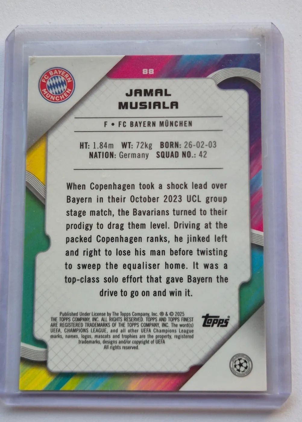 topps Topps Finest UEFA Champions League 2024 Nr. 88 Jamal Musiala, Zustand Gut, Rückseite