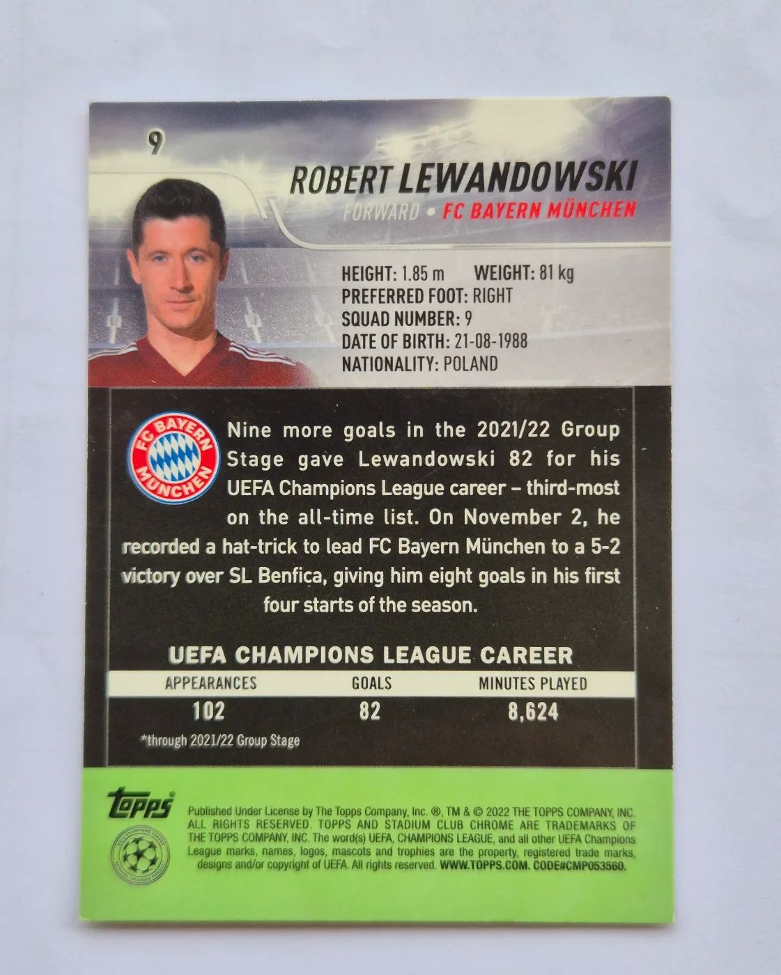 topps Stadium Club Chrome UEFA Champions League 2022 Nr. 9 Robert Lewandowski, Zustand Gut, Rückseite