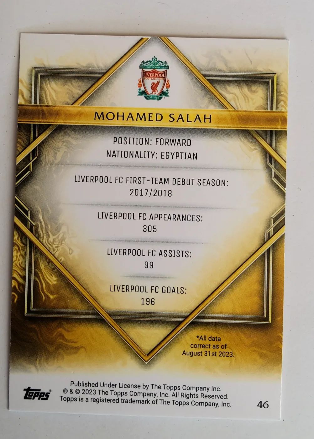 topps Liverpool FC Team Set Gold Drip 2023 Nr. 46 Mohamed Salah, Zustand Gut, Rückseite