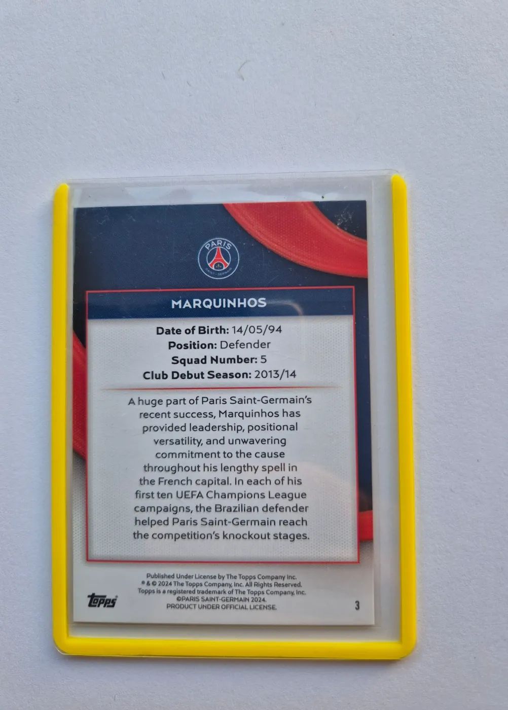 topps Paris Saint-Germain Fan Set 2024 Nr. 3 Marquinhos, Zustand Sehr gut, Rückseite