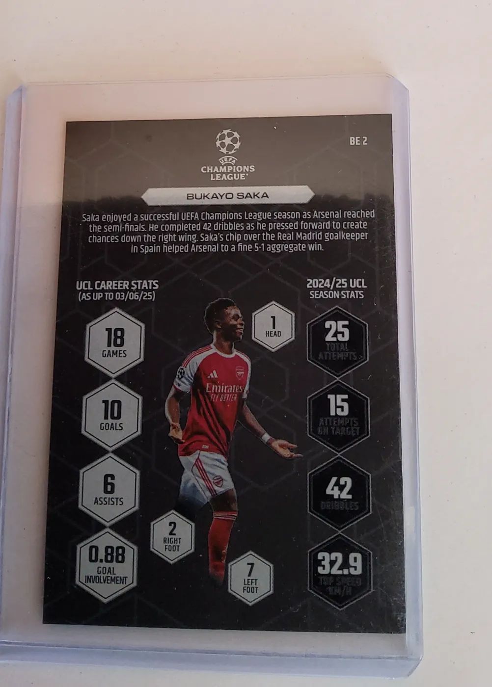 topps Match Attax UEFA Champions League 2024/25 2024 Nr. BE 2 Bukayo Saka, Zustand Gut, Rückseite