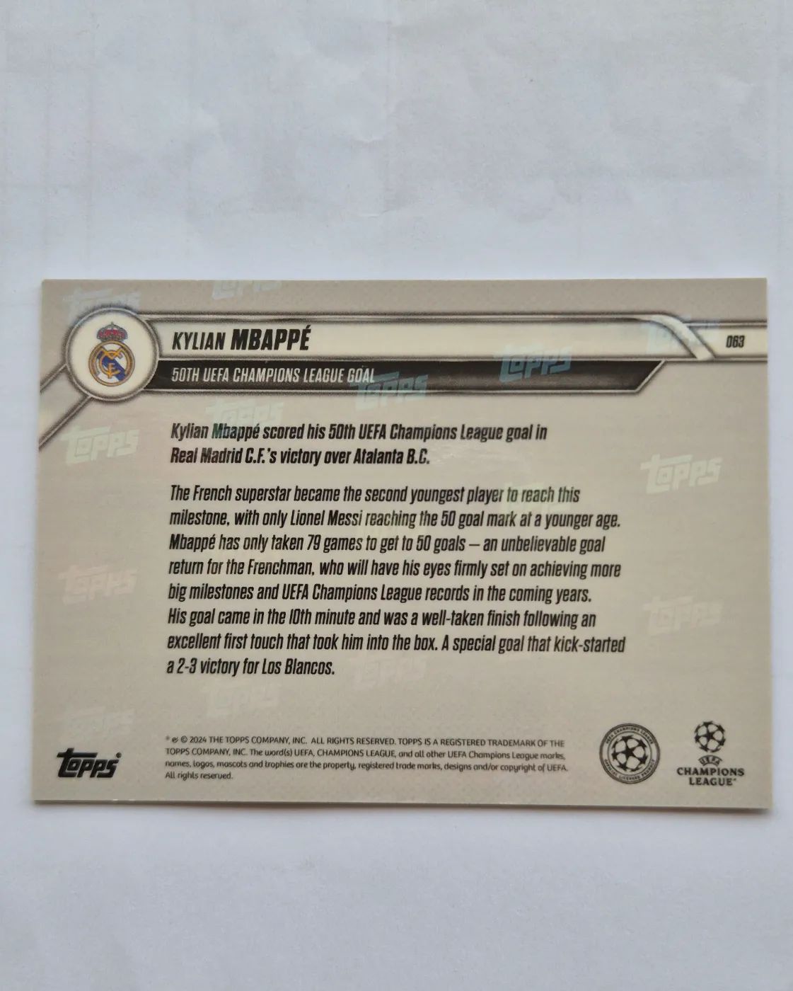 topps Topps Now UEFA Champions League 2024 Nr. 063 Kylian Mbappé, Zustand Gut, Rückseite