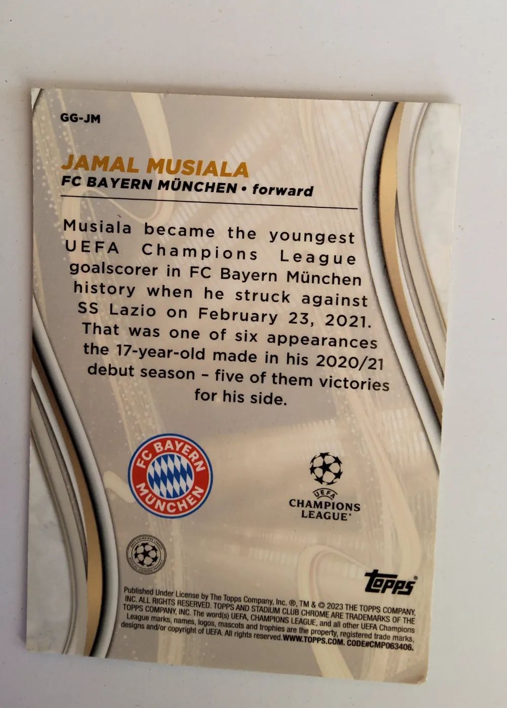 topps Stadium Club Chrome UEFA 2023 Nr. GG-JM Jamal Musiala, Zustand Sehr gut, Rückseite