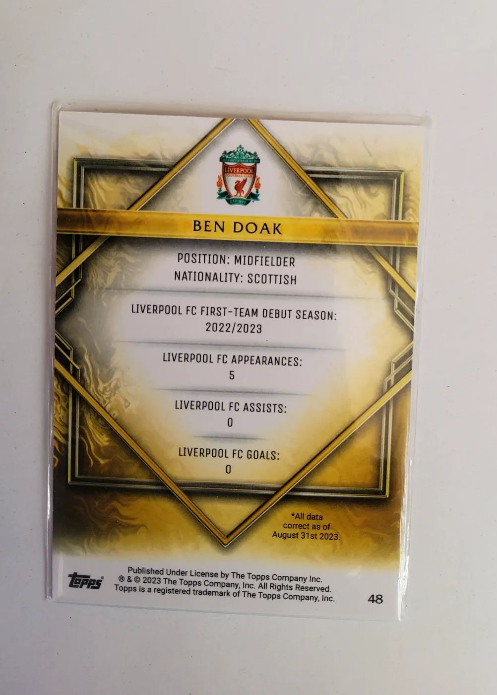topps Liverpool FC Fan Set Gold Drip 2023 Nr. 48 Ben Doak, Zustand Gut, Rückseite