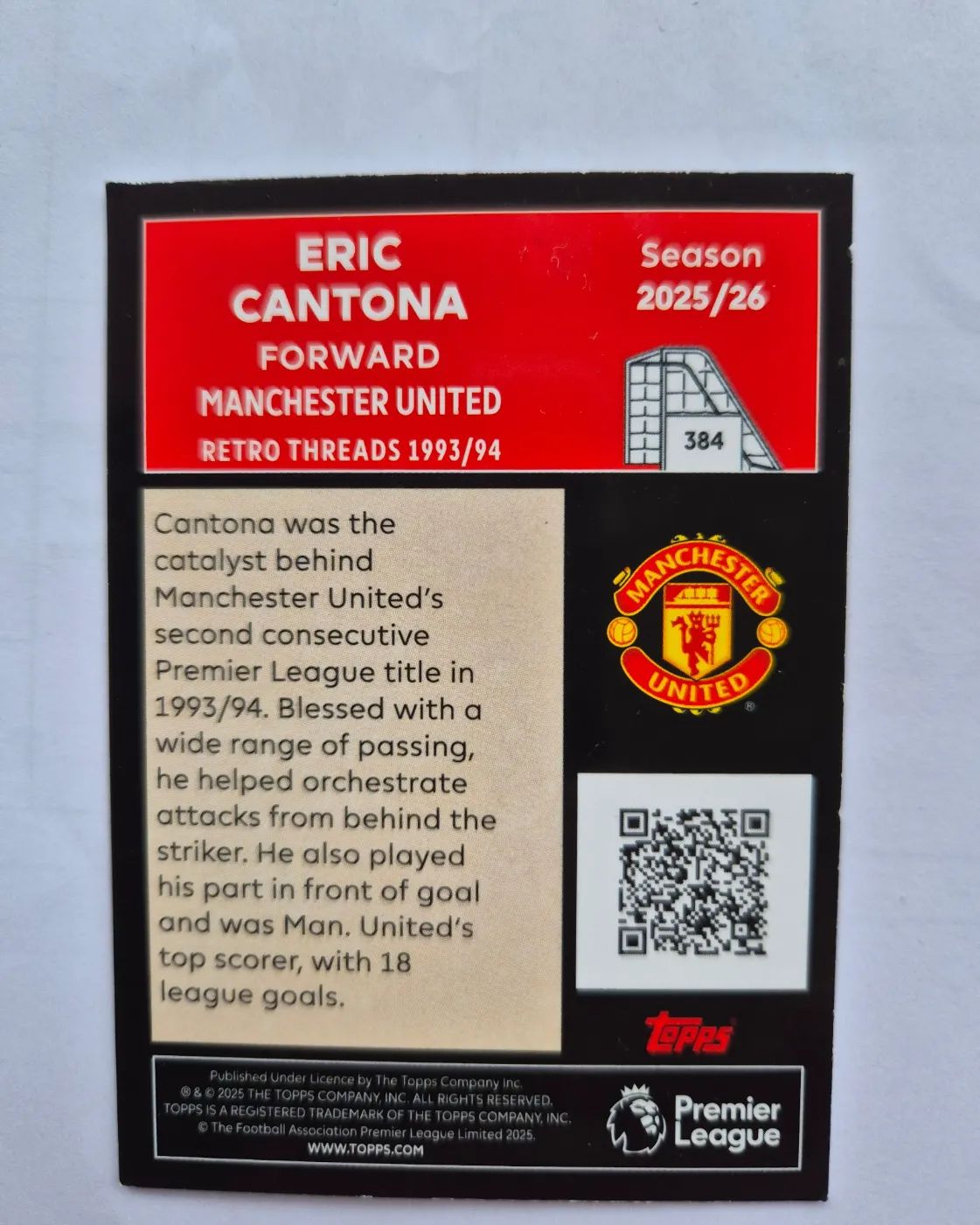 topps Topps Premier League Retro Threads 2025 Nr. 384 Eric Cantona, Zustand Stark gebraucht, Rückseite